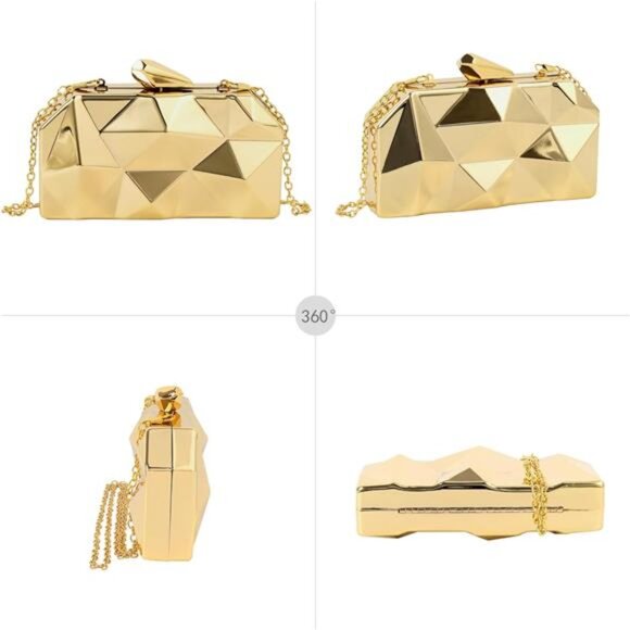 Women Lattice Pattern Metal Handbag Chain Geometric Evening Clutch Purse - Picture 4 of 7